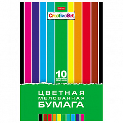Цветная бумага А4 мелованная, 10 листов, 10 цветов, в папке, HATBER, 194х280 мм, "Creative Set", 095297, 10Бц4м_05930