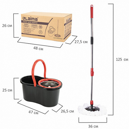 Швабра с отжимом и ведром 7л/5л отжим центрифуга / рукоятка, 2 круглые насадки, крепление кольцо, черный, LAIMA 607487