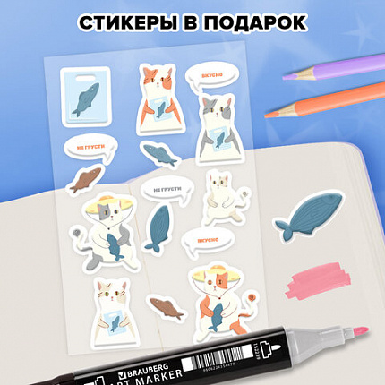 Скетчбук, слоновая кость 140г/м 130х210мм, 80л, софт-тач, резинка, наклейки, FUNSTER, "Котик с рыбкой", 117783