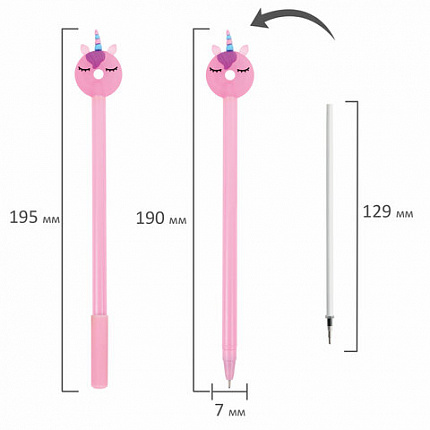 Ручка с топпером шариковая ЮНЛАНДИЯ "Единорог-пончик", корпус ассорти, СИНЯЯ, пишущий узел 0,7 мм, 143803
