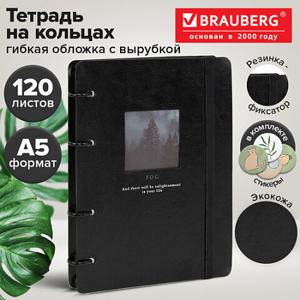 Тетрадь на кольцах А5, 160х212 мм, 120 л., под кожу, вырубка, резинка, стикеры, BRAUBERG, "Туман", 405231