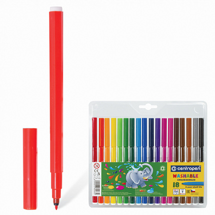 Фломастеры 18 ЦВЕТОВ CENTROPEN "Washable", смываемые, вентилируемый колпачок, 7790/18TP, 777901885