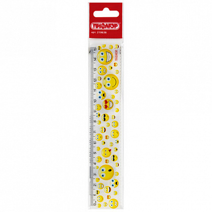 Линейка пластиковая 15 см, ПИФАГОР "Смайлики", цветная печать, с волнистым краем, европодвес, 210636