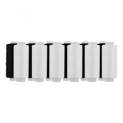 Нитки швейные 45 ЛЛ, 200 м, полиэстер, НАБОР 12 штук, 6 белых / 6 черных, DEVELIA (Девелиа), 609620