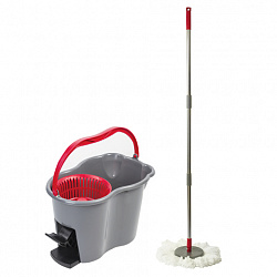 Швабра с отжимом и ведром 14л/7л, центрифуга отжим педалью, 2 круглые насадки, крепление кольцо, серо-красный, LAIMA, 603622