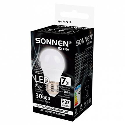 Лампа светодиодная SONNEN EXTRA, 7 (60) Вт, E27, шар, нейтральный белый, 30000 ч, LED G45-7W-4000-Е27, 457912