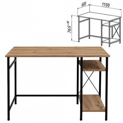Стол BRABIX "SMART CD-018", 1100х600х765 мм, ЛОФТ, 2 полки, металл/ЛДСП бунратти, каркас черный, 641946