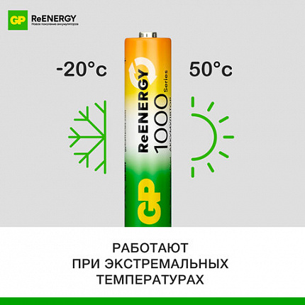 Батарейки аккумуляторные GP ReEnergy Ni-Mh мизинчиковые КОМПЛЕКТ 2 шт., ААА (HR03), 950 mAh, 100AAAHCRGY, 100AAAHCRGY-2CR