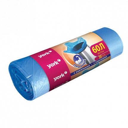 Мешки для мусора с завязками 60л, синие, в рулоне 20шт, ПНД, 10мкм, YORK, 902170