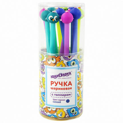 Ручка с топпером шариковая ЮНЛАНДИЯ "Птенец", корпус ассорти, СИНЯЯ, пишущий узел 0,7 мм, 143811