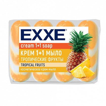 Мыло-крем туалетное 1+1 косметическое 300 г EXXE, КОМПЛЕКТ 4 шт. х 75 г, "Тропические фрукты", С0007349
