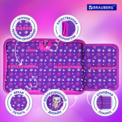 Пенал BRAUBERG, 1 отделение, 1 откидная планка, полиэстер, 21х14 см, "Playing kitty", 271521
