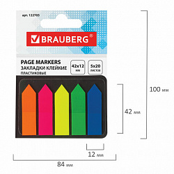 Закладки клейкие неоновые BRAUBERG, 42х12 мм, 100 штук (5 цветов х 20 листов), в картонной книжке, 122705