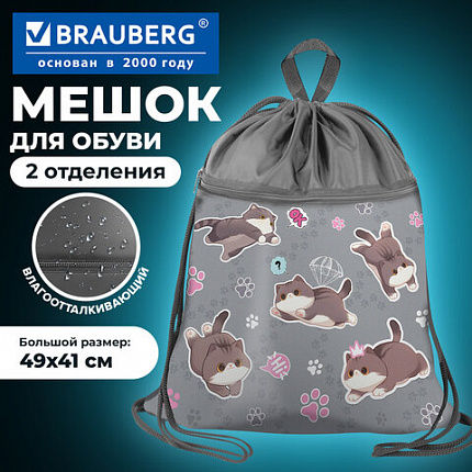 Мешок для обуви BRAUBERG БОЛЬШОЙ, с ручкой, карман на молнии, сетка, 49х41 см, "Милые коты", 274637