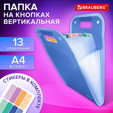 Папка-органайзер на кнопках 13 отделений, ВЕРТИКАЛЬНАЯ, BRAUBERG COMPLETE, А4, прозрачно-синяя, 273942