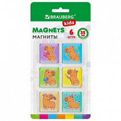 Магниты квадратные стеклянные 35 мм для досок магнитно-маркерных, НАБОР 6 шт., "Капибара", BRAUBERG KIDS, блистер, 272513