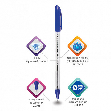 Ручка шариковая масляная BRAUBERG "Rite-Oil", СИНЯЯ, корпус прозрачный, узел 0,7 мм, линия письма 0,35 мм, 141702