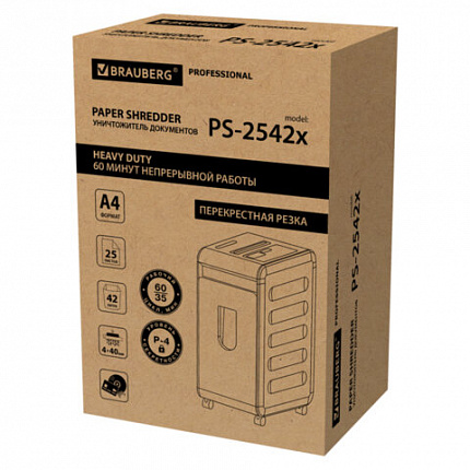 Уничтожитель (шредер) BRAUBERG PROFESSIONAL PS-2542x, CD, "HeavyDuty", 4 уровень секретности, 4х40 мм, 25 листов, корзина 42 литра, 532594