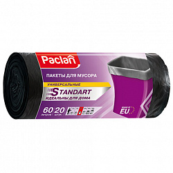 Мешки для мусора 60 л, черные, в рулоне 20 шт., ПНД, 7,4 мкм, 60х72 см, PACLAN "Standart"