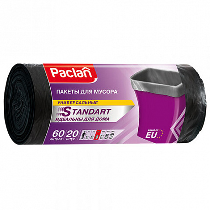 Мешки для мусора 60 л, черные, в рулоне 20 шт., ПНД, 7,4 мкм, 60х72 см, PACLAN "Standart"