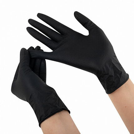 Перчатки нитриловые сверхпрочные с текстурой SFM MEGA TEX BLACK, Германия, 25 пар (50 штук), размер 6-7, S (малый)