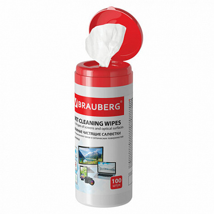 Салфетки для экранов всех типов и оптики BRAUBERG, 13х17 см, туба 100 шт., влажные, 510122