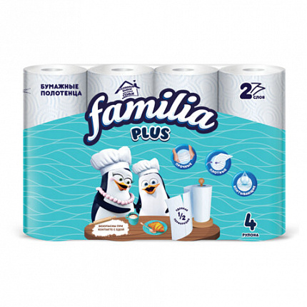 Полотенца бумажные быт., спайка 4 шт., 2-слойные (4х12 м), FAMILIA PLUS, 23x12,5см, б, 5083816