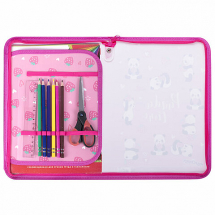 Папка для труда на молнии ЮНЛАНДИЯ А4, 1 отделение, откидная планка, органайзер, "Panda time", 270983