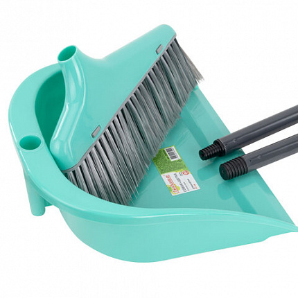 Совок для мусора КОМПЛЕКТ щетка + 2 рукоятки 80 см и 87 см с резьбой, пластиковые, "ЛЕНИВКА", бирюзовый, ЛЮБАША, 700056