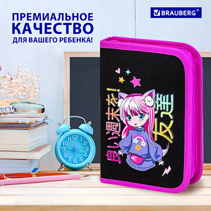 Пенал BRAUBERG, 1 отделение, 1 откидная планка, полиэстер, 21х14 см, "Яркая девочка", 272323