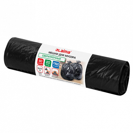 Мешки для мусора 60 л, черные, в рулоне 20 штук, сверхпрочные, ПВД 45 мкм, 50x70 см, LAIMA, 702654