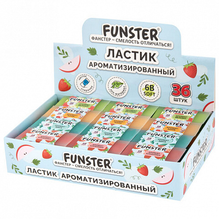 Ластик ароматизированный FUNSTER (ФАНСТЕР) "SWEET", 54х23х10 мм, скошенный, картонный держатель, экологичный ПВХ, ассорти, 272727