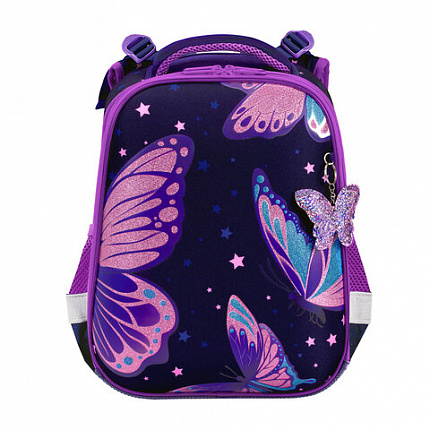 Ранец BRAUBERG PREMIUM, 2 отделения, с брелком, "Shining butterflies", блестки, 38х29х16 см, 274393