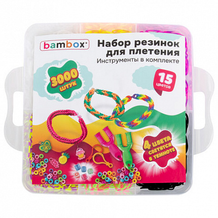 Набор резинок для плетения украшений 3 000 шт., 15 цветов, бокс, бусины, станок, BAMBOX (БАМБОКС), 665976