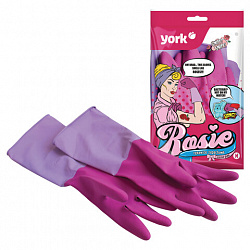 Перчатки МНОГОРАЗОВЫЕ резиновые YORK "Роза", хлопчатобумажное напыление, ПРОЧНЫЕ, размер 7-8, M (средний), розовые, вес 70 г, 92670