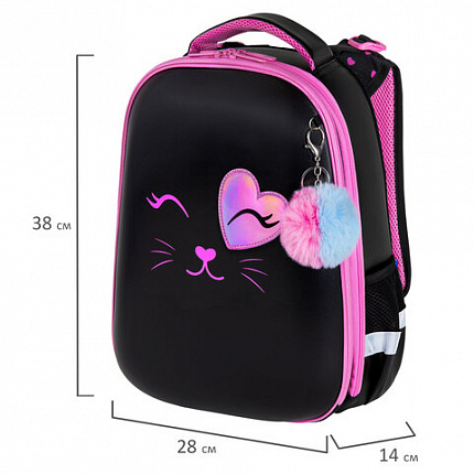 Ранец BRAUBERG SHINY, 2 отделения, с брелком, "Улыбающийся котик", 38х28х14 см, 272040
