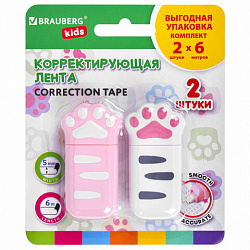 Корректирующая лента BRAUBERG KIDS "ЛАПКИ", 5 мм х 6 м, ВЫГОДНАЯ УПАКОВКА 2 штуки в блистере, 272498