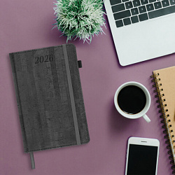 Ежедневник датированный 2026 А5 138x213 мм, BRAUBERG "Wood", под кожу, держатель для ручки, серый, 117108