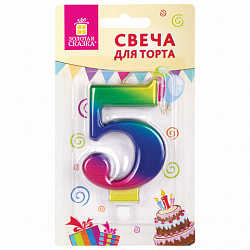 Свеча-цифра для торта "5" "Радужная", 9 см, ЗОЛОТАЯ СКАЗКА, с держателем, в блистере, 591438