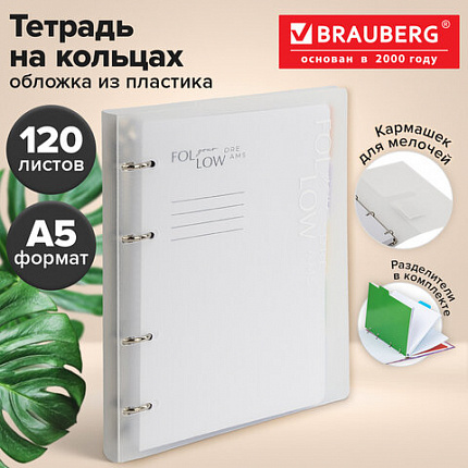Тетрадь на кольцах А5, 175х220 мм, 120 л., пластик, разделители, BRAUBERG MOVE, белый, 405258