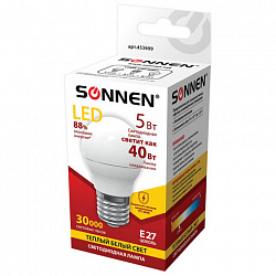 Лампа светодиодная SONNEN, 5 (40) Вт, цоколь E27, шар, теплый белый свет, 30000 ч, LED G45-5W-2700-E27, 453699
