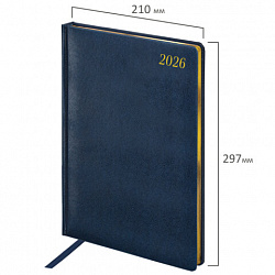 Ежедневник датированный 2026 БОЛЬШОЙ ФОРМАТ 210х297 мм, А4, BRAUBERG "Iguana", под кожу, синий, 117245