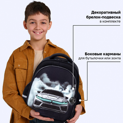 Ранец BRAUBERG STABLE, 2 отделения, с брелоком, "Жги резину!", ЛАМПОЧКИ, 36х28х16 см, 274389