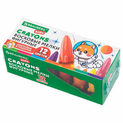 Восковые мелки фигурные BRAUBERG KIDS "РАКЕТА", НАБОР 12 цветов + НАКЛЕЙКИ В ПОДАРОК, 273082