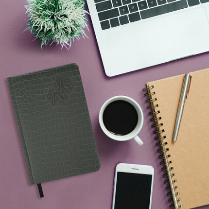 Ежедневник датированный 2026, А5, 138x213 мм, BRAUBERG "Comodo", под кожу, серый, 117052