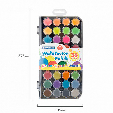 Краски акварельные BRAUBERG "PREMIUM" 36 цветов (12 базовых + 12 неоновых + 12 металлик) пенал, 191807