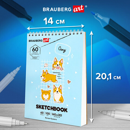 Скетчбук, белая бумага 100 г/м2, 140х201 мм, 60 л., гребень, жёсткая подложка, BRAUBERG ART, "Корги", 115064