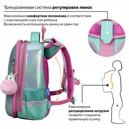 Ранец BRAUBERG SHINY, 2 отделения, с брелком, "Сказочный единорог", 38х28х14 см, 270694