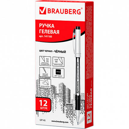 Ручка гелевая с грипом BRAUBERG "Contact", ЧЕРНАЯ, корпус черный, игольчатый узел 0,5 мм, линия письма 0,35 мм, 141185