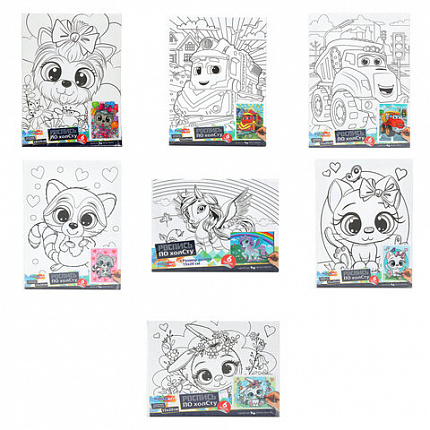 Картина детская по контуру, АССОРТИ 7 видов, 15х20 см, на подрамнике, акрил, кисти, МУЛЬТИ АРТ, 5896